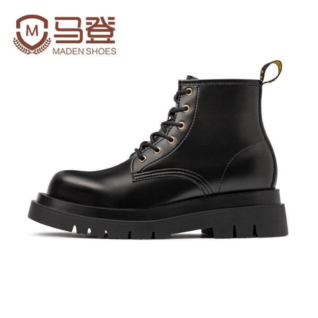 男鞋男士秋季新款厚底工裝靴中幫英倫風馬丁靴子高幫黑色皮鞋子-Retro's Wear