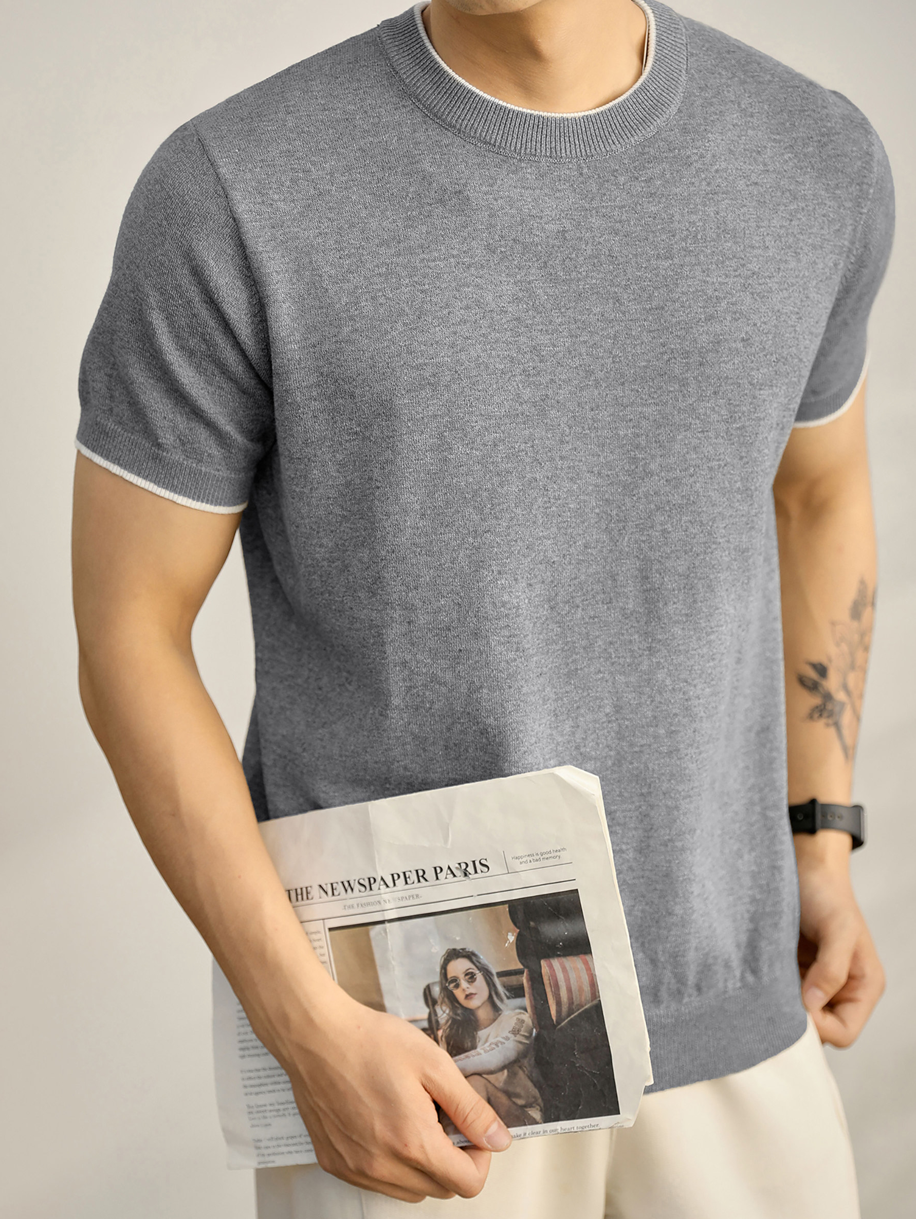 都市休閒圓領針織短袖男士簡約百搭上衣舒適親膚棉修身T恤