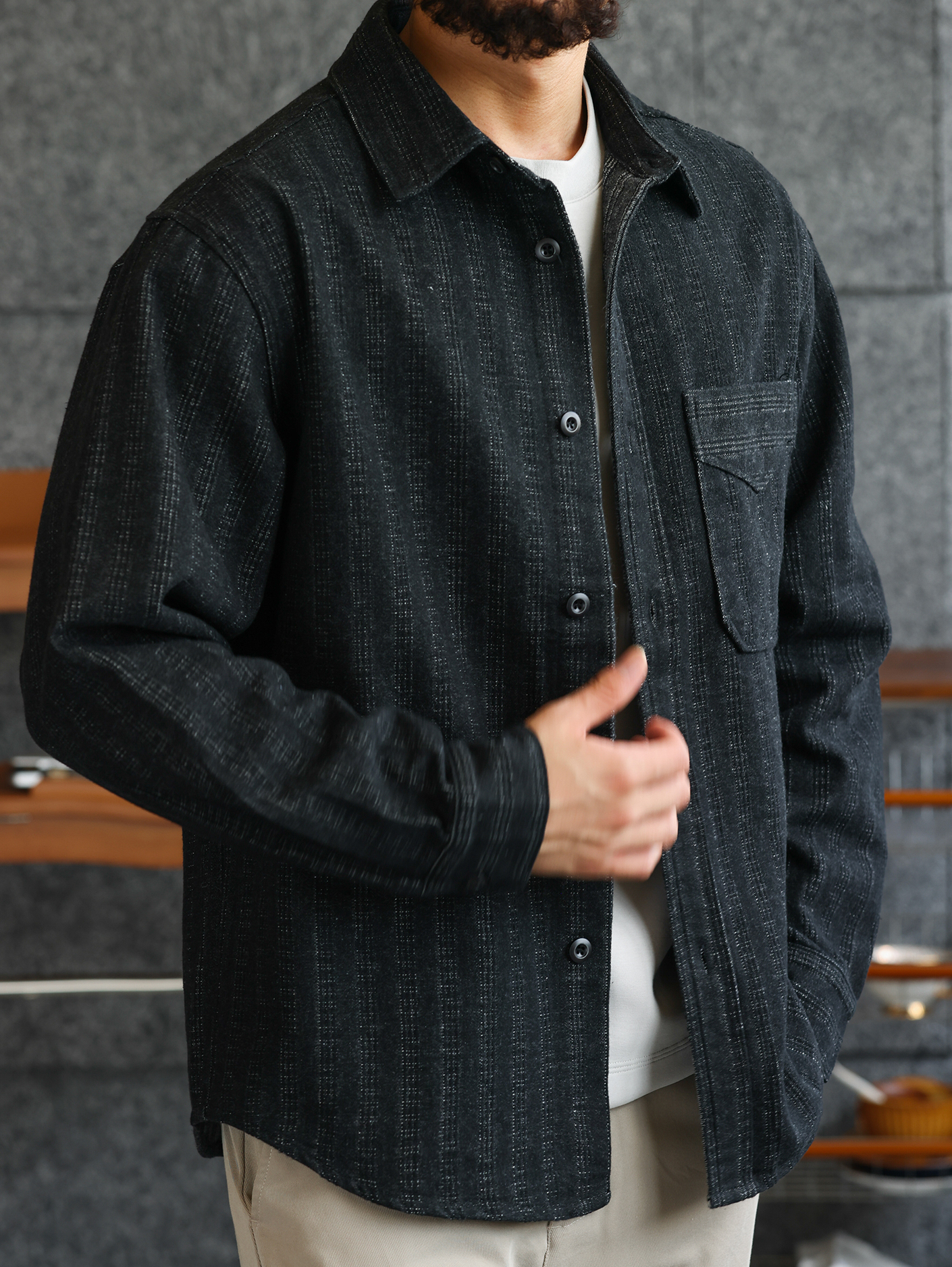 【绅士型格】质感磨毛暗条纹提花仿牛仔衬衫男士硬朗衬衣