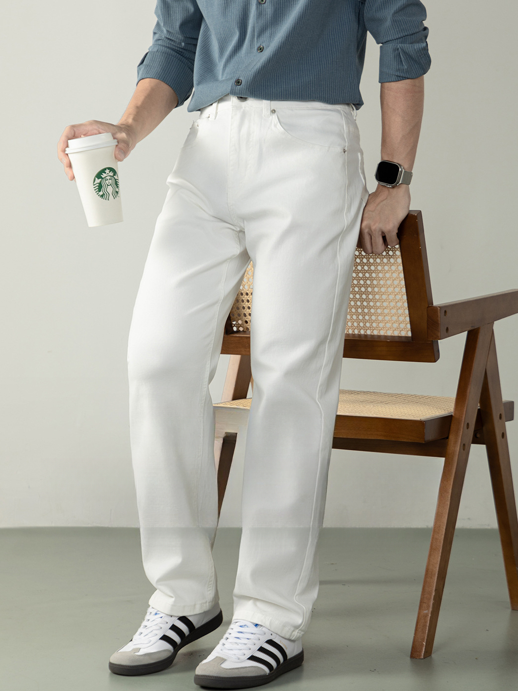 知性風| 親膚水洗微闊白色牛仔褲男士高級秋冬直筒休閒百搭長褲