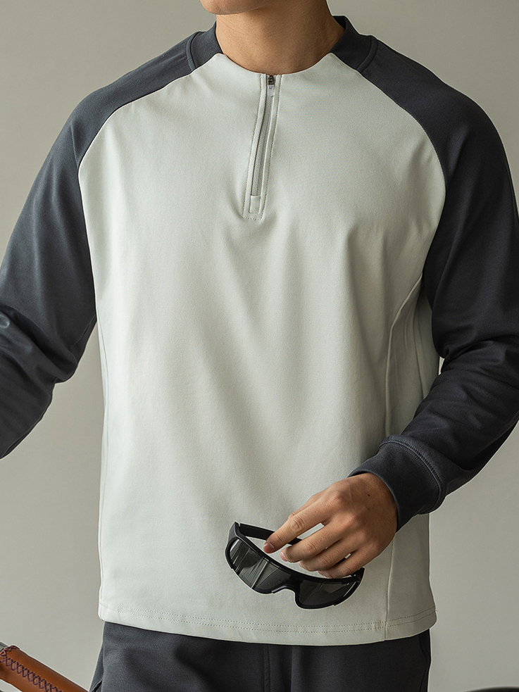 輕量化插肩袖撞色半拉鍊長袖T恤男新款春季速乾透氣運動騎行