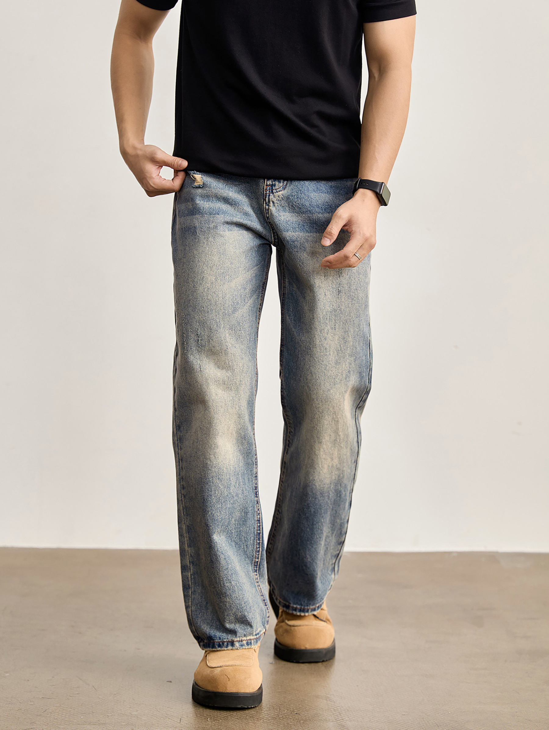 做舊水洗磨白貓須刮破牛仔褲男直筒微錐版型cleanfit長褲子