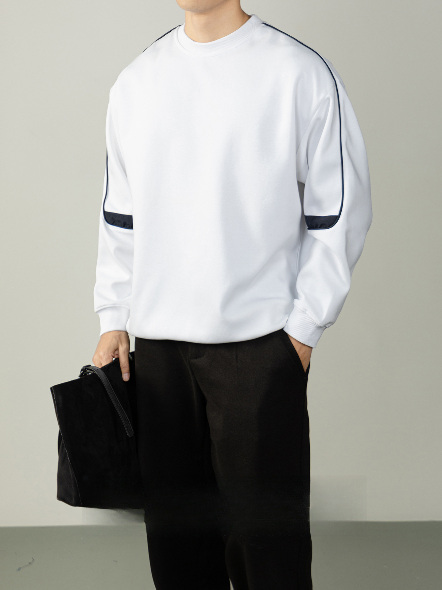 時尚老錢風 撞色拼接圓領衛衣男2026春秋高級紫色寬鬆落肩長袖T恤