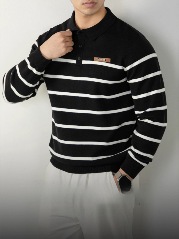 高端綿羊毛莫代爾黑白條紋Polo針織衫秋冬翻領針織衫