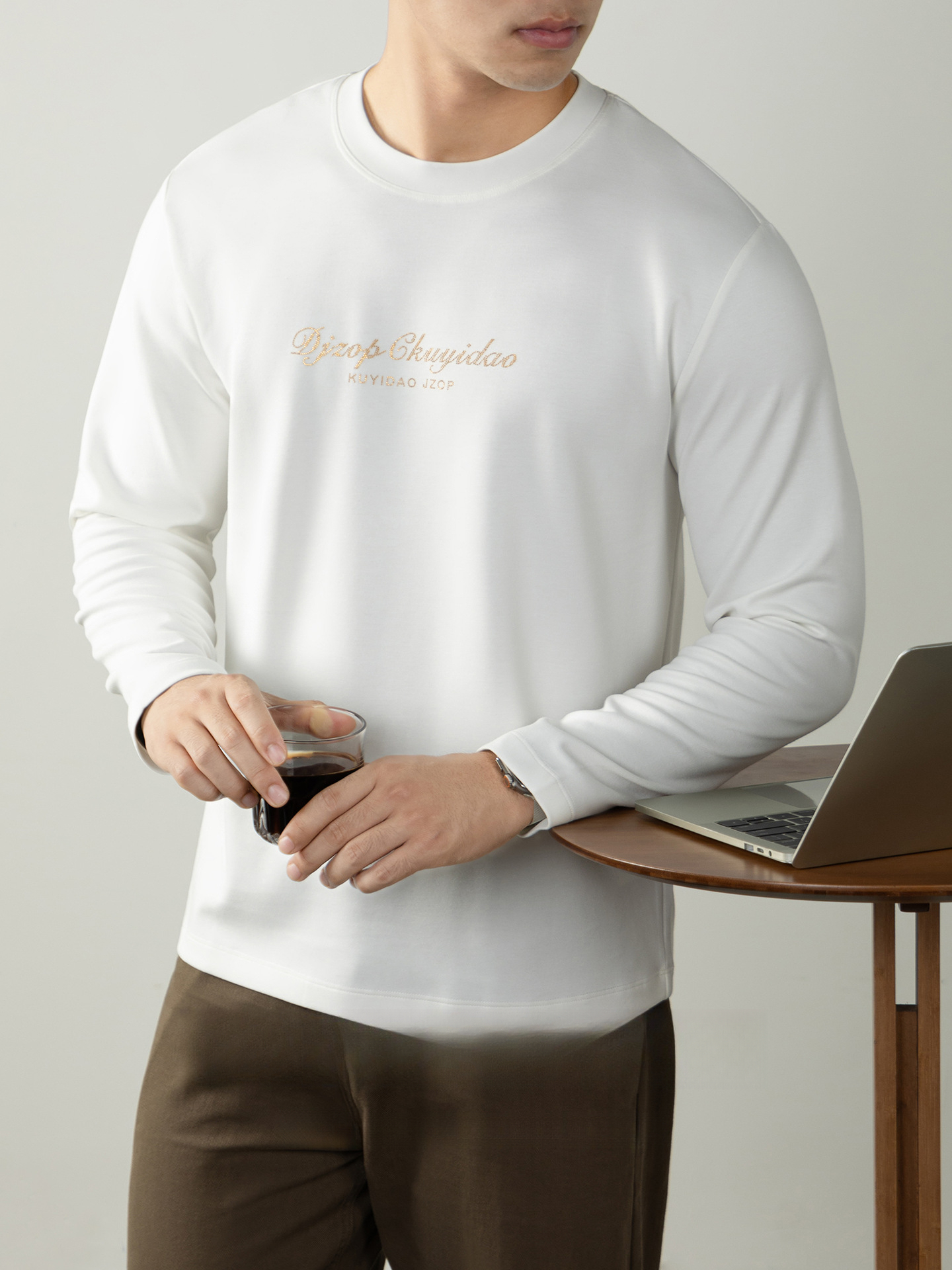 【都市輕奢風】60S雲感莫代爾棉長袖T恤男士高端鎏金燙鑽打底體恤