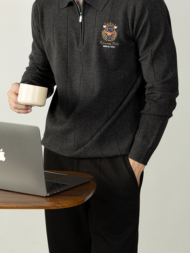 【古典徽章刺繡】輕奢男士豎紋羊毛針織衫半拉鍊保暖冬季休閒毛衣