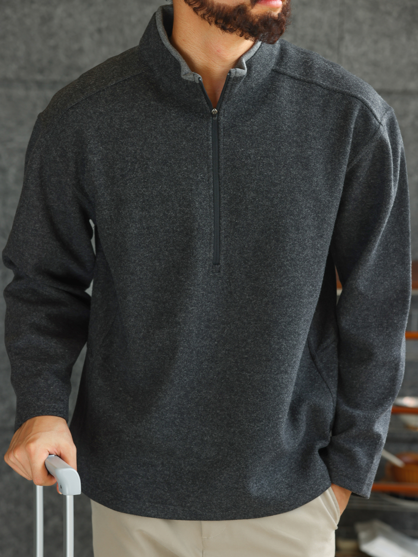 【紳士型格】絨面立領長袖POLO衫男士重磅棉質半拉鍊衛衣