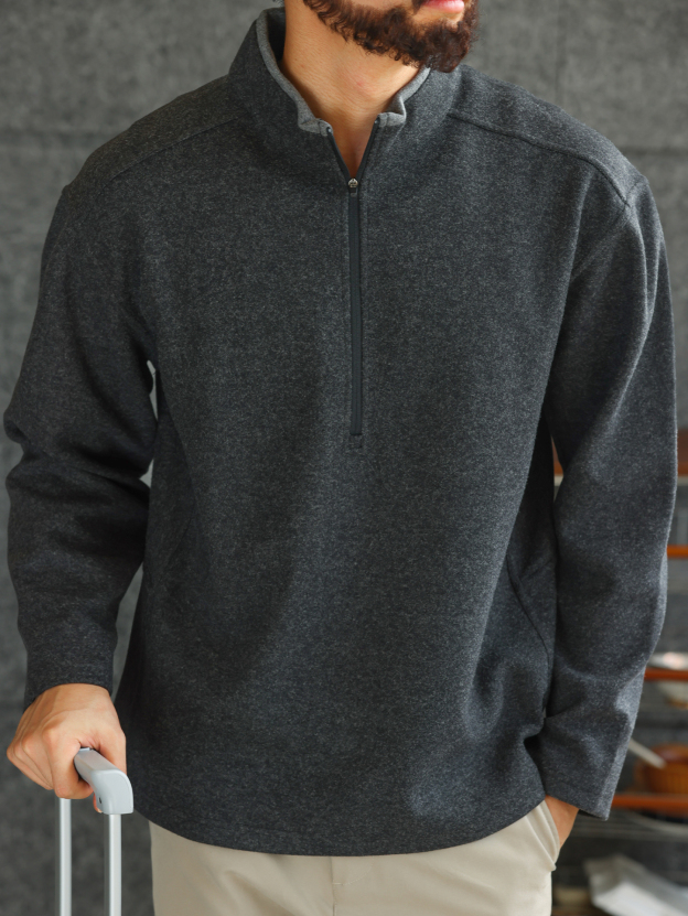 【紳士型格】絨面立領長袖POLO衫男士重磅棉質半拉鍊衛衣