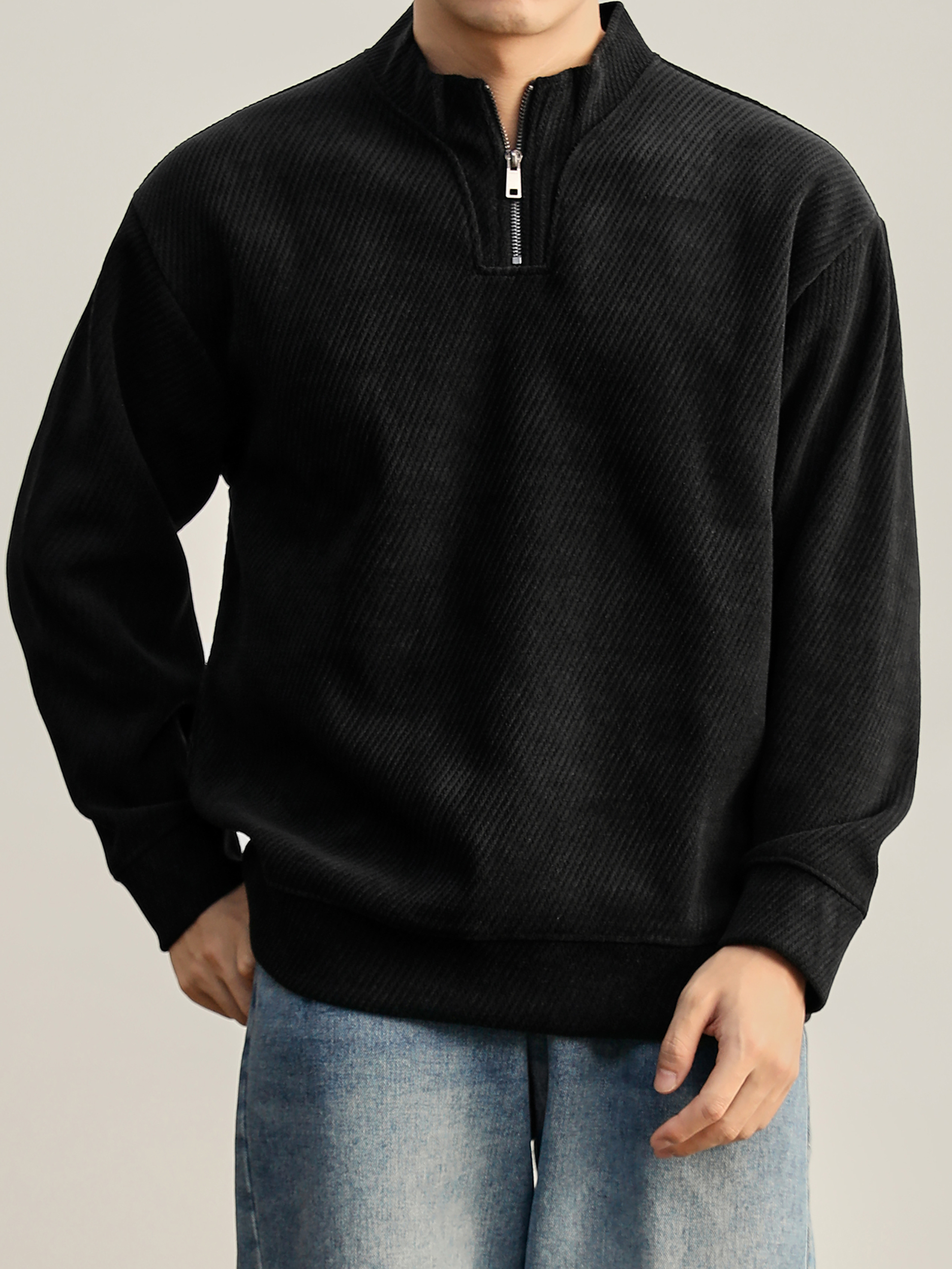 重磅550g斜紋美式半拉鍊衛衣男秋冬慵懶風純色立領長袖上衣