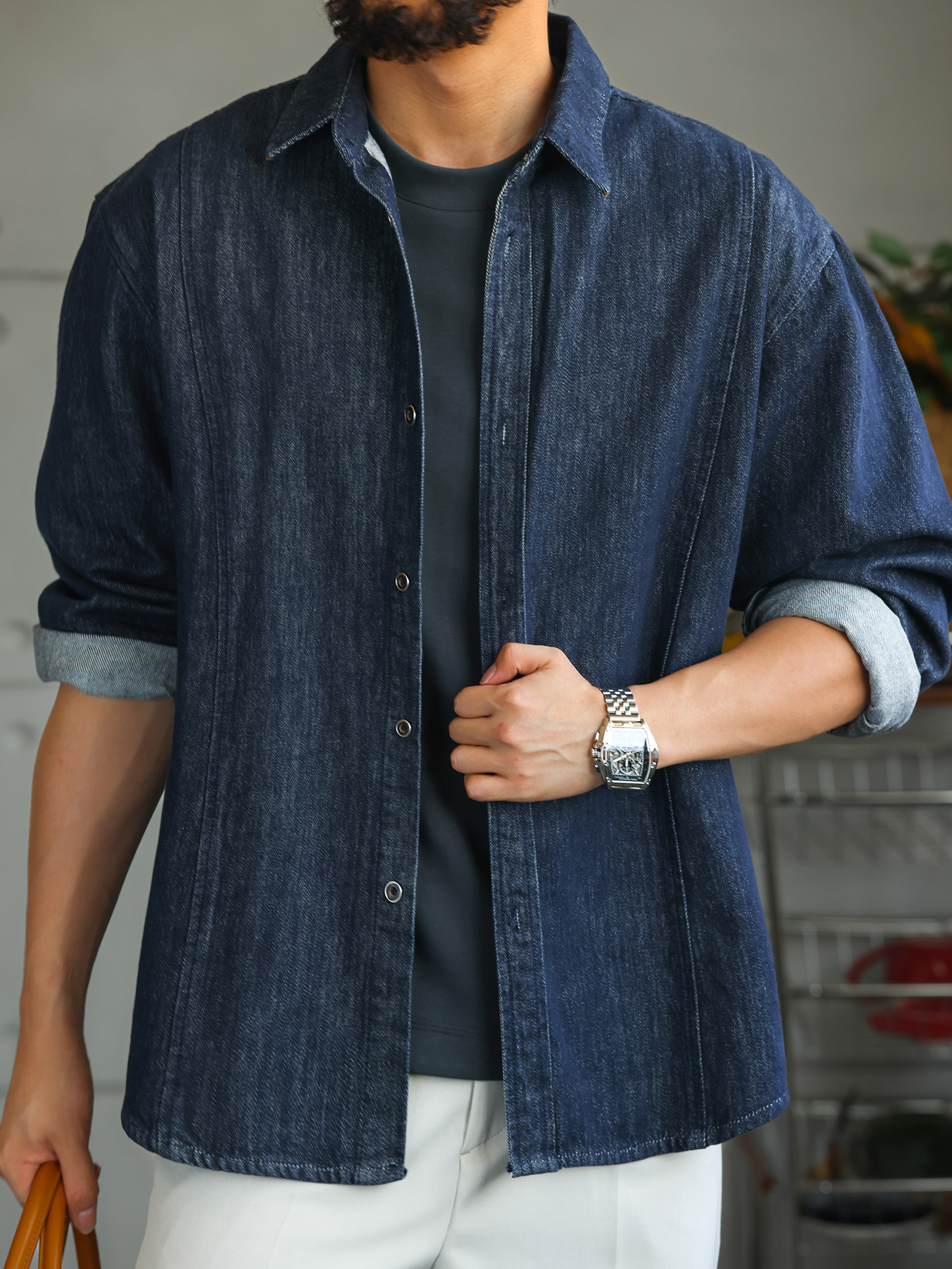 【原色丹寧】酵素水洗棉質牛仔長袖襯衫男士休閒商務襯衣