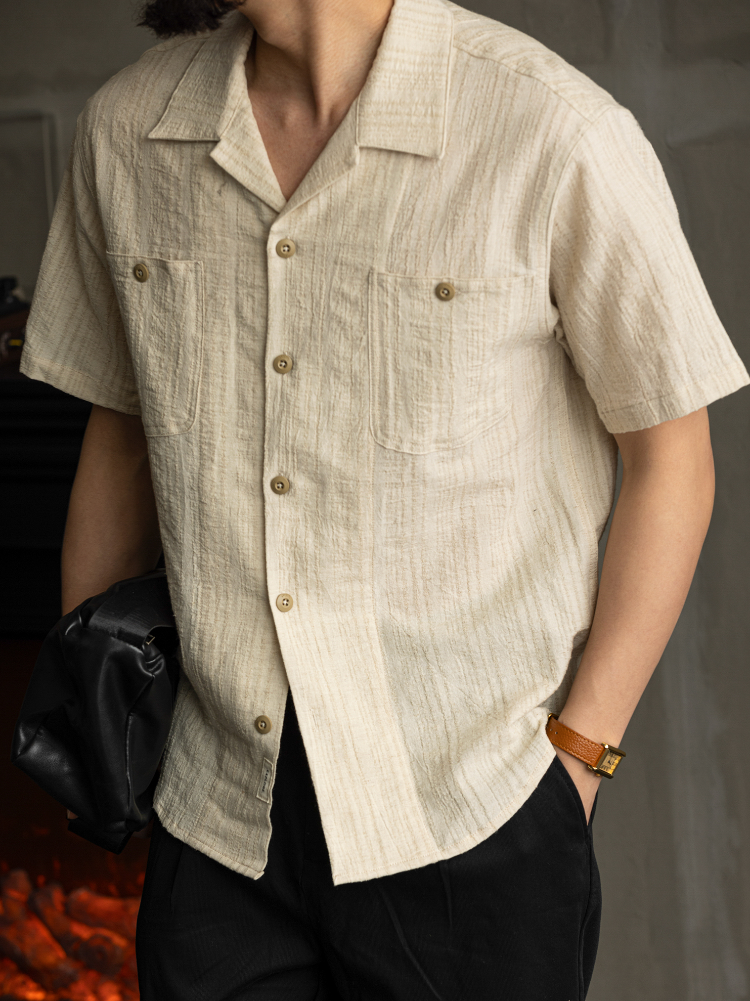 都市復古亞麻混紡短袖襯衫男休閒古巴領襯衣寬鬆翻領外套