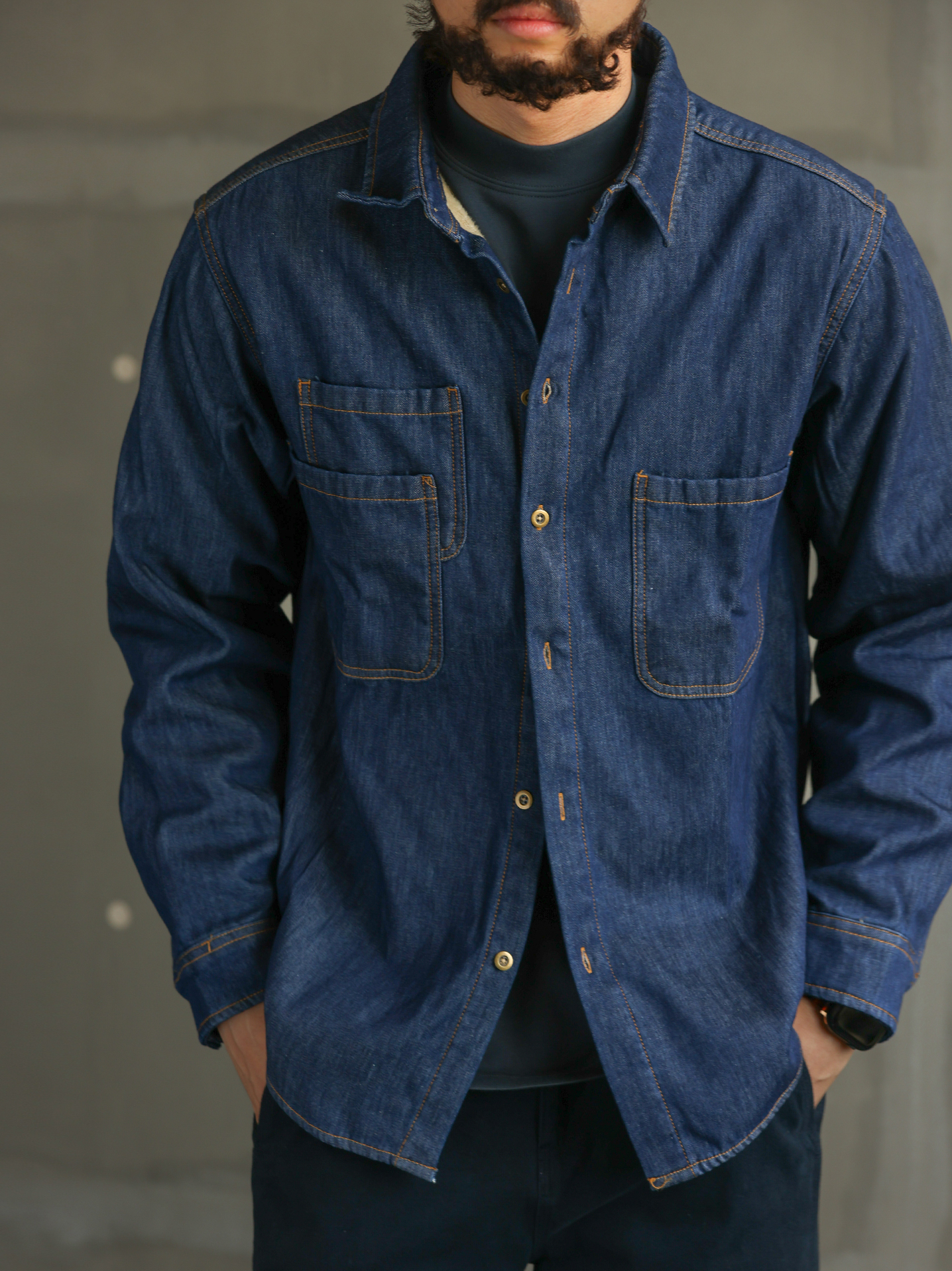 【紳士型格】美式休閒藍色加絨牛仔襯衫男士長袖襯衣外套