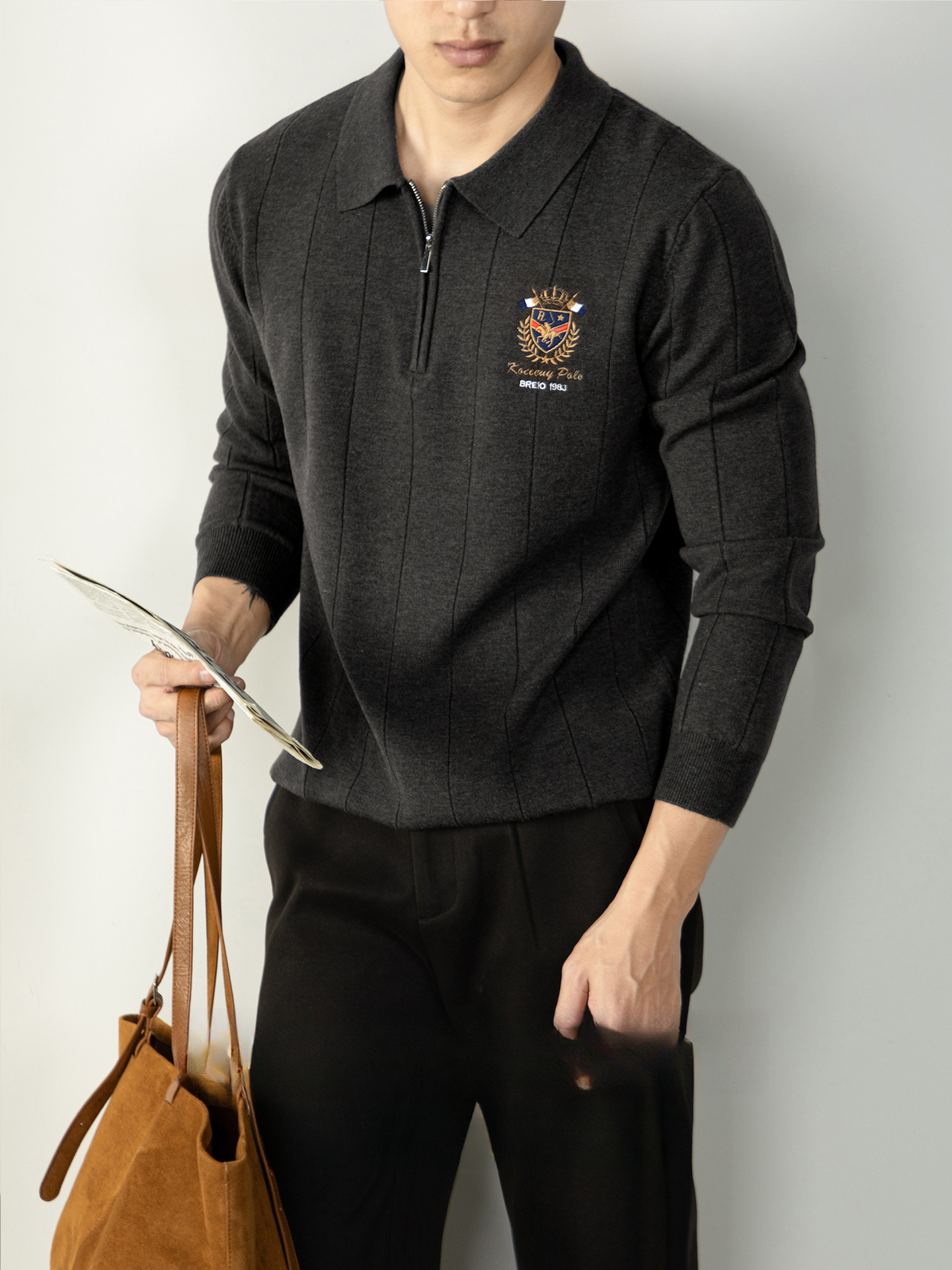 【古典徽章刺繡】輕奢男士豎紋羊毛針織衫半拉鍊保暖冬季休閒毛衣