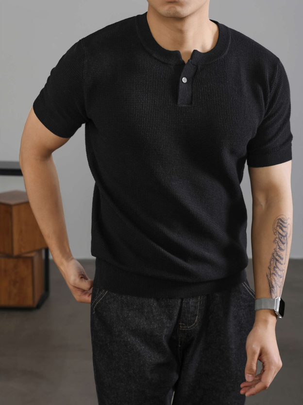 亨利領收袖短袖T恤針織衫男高級感針織肌理運動休閒體恤上衣