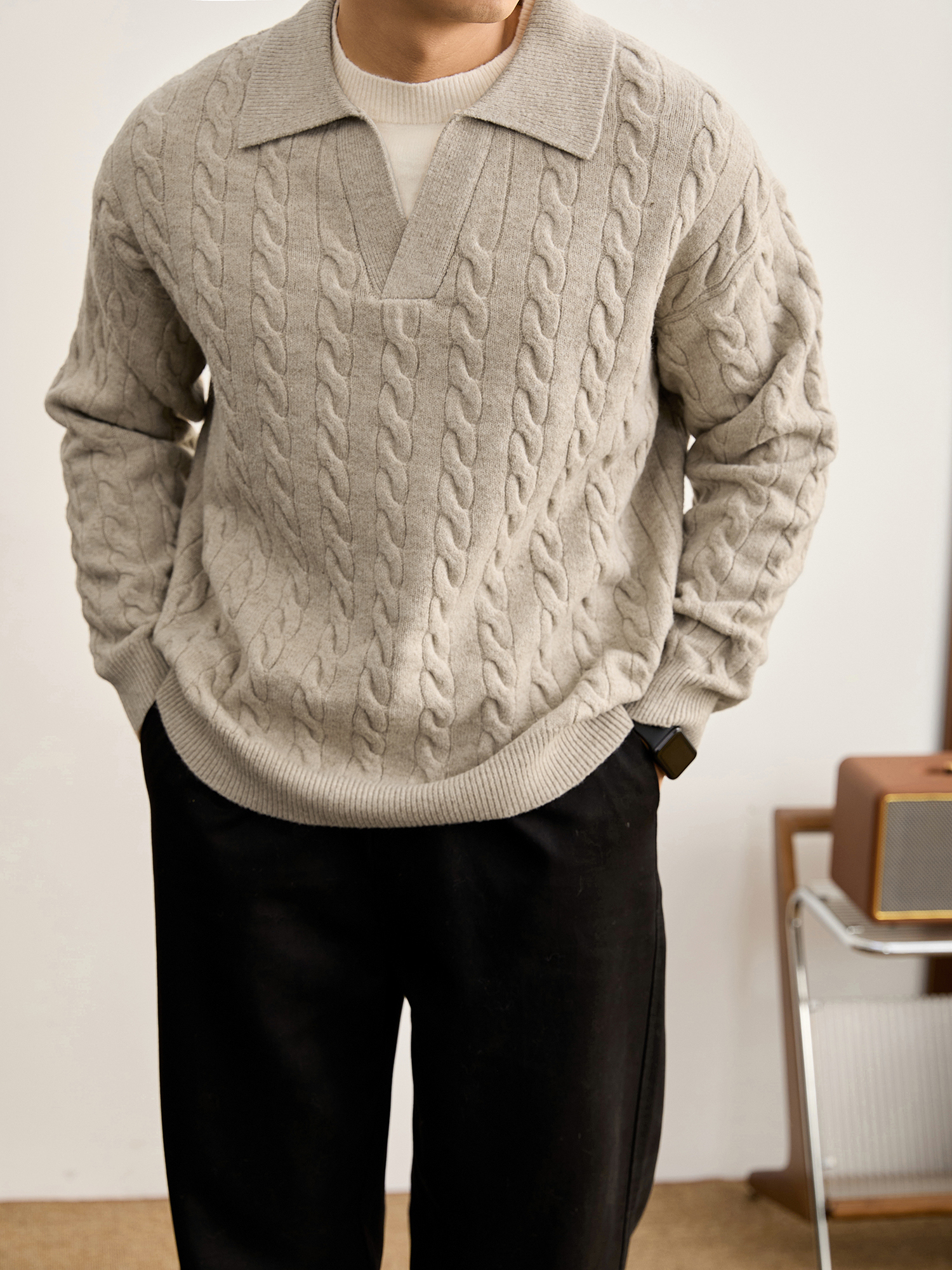 慵懶假兩件麻花肌理時尚設計感毛衣男冬季海鷗領翻領針織衫