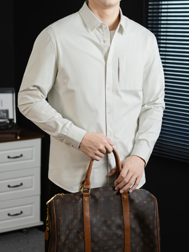 【都市通勤】米通格肌理高彈抗皺長袖襯衫男輕商務襯衣速幹春秋季