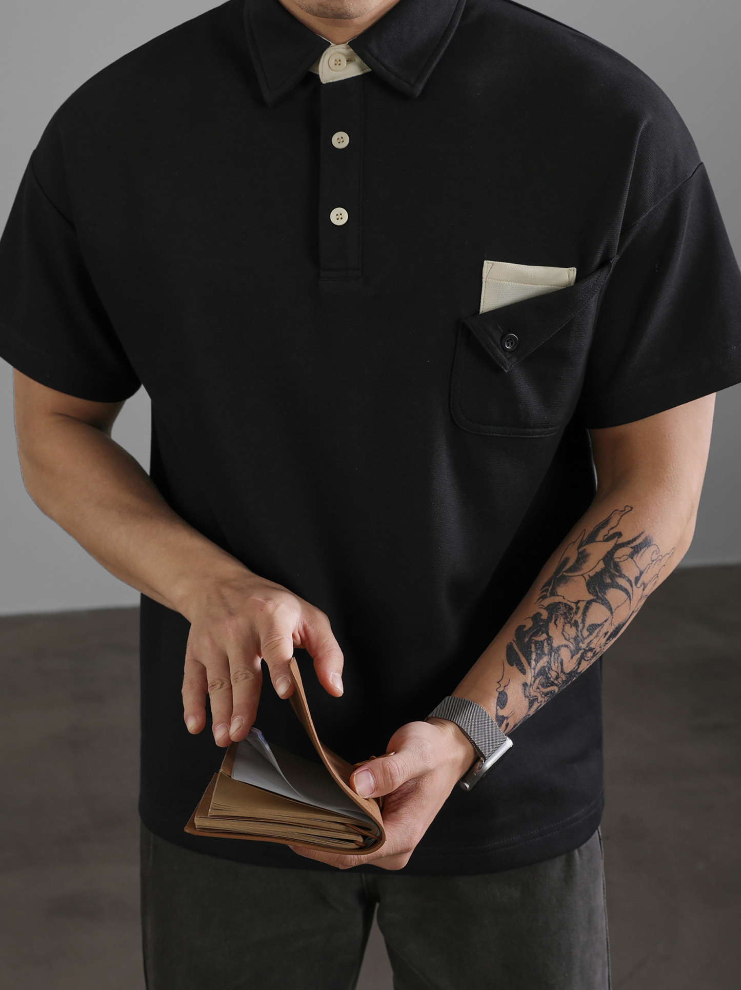 復古風休閒短袖保羅POLO衫男士復古水洗T恤夏日通勤有領上衣