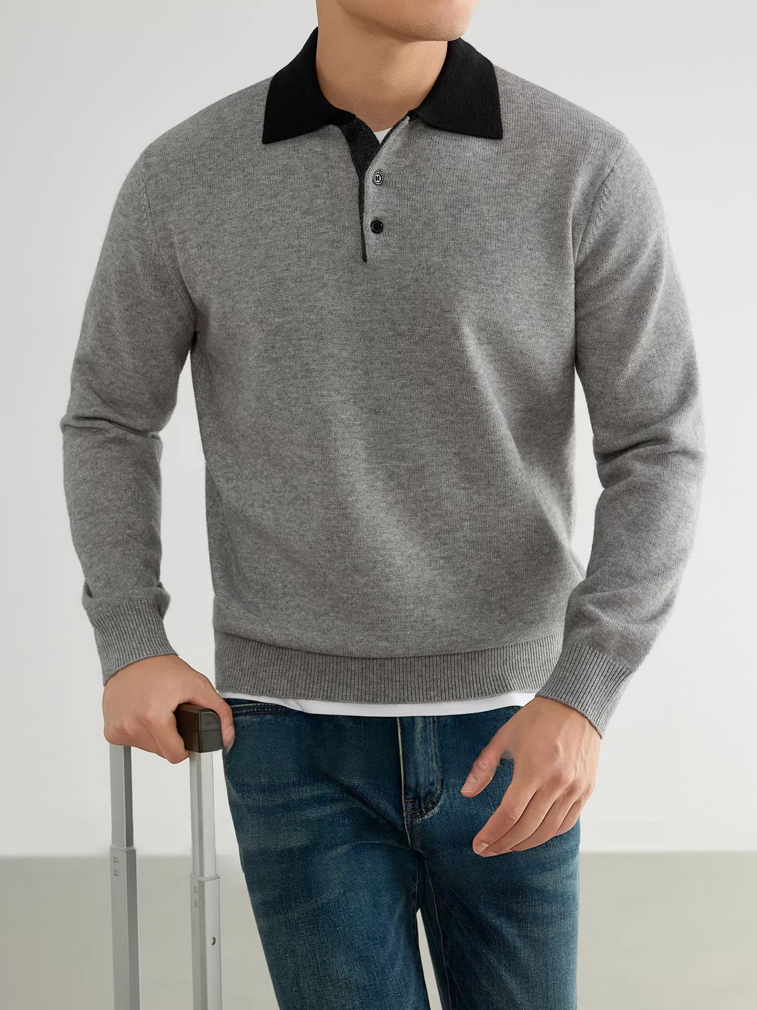 【抗起球】美式翻領撞色商務休閒毛衣男士通勤長袖針織衫