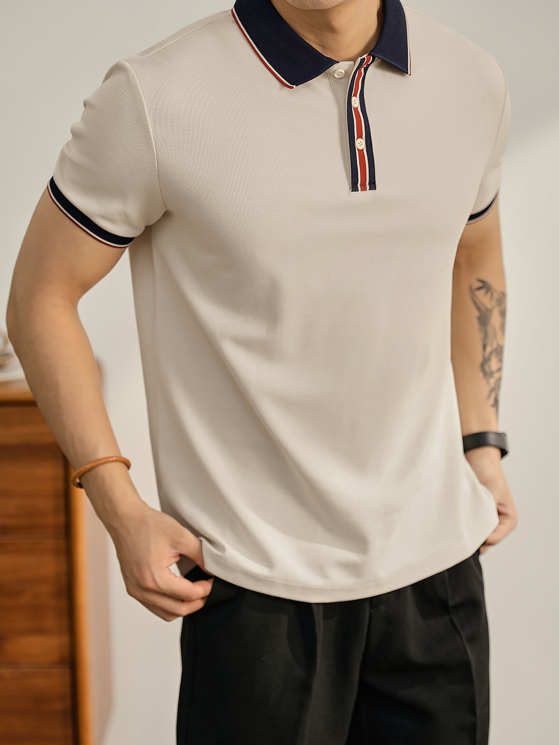 輕奢氣質感撞色翻領短袖保羅衫男士針織拼料上衣透氣Polo衫