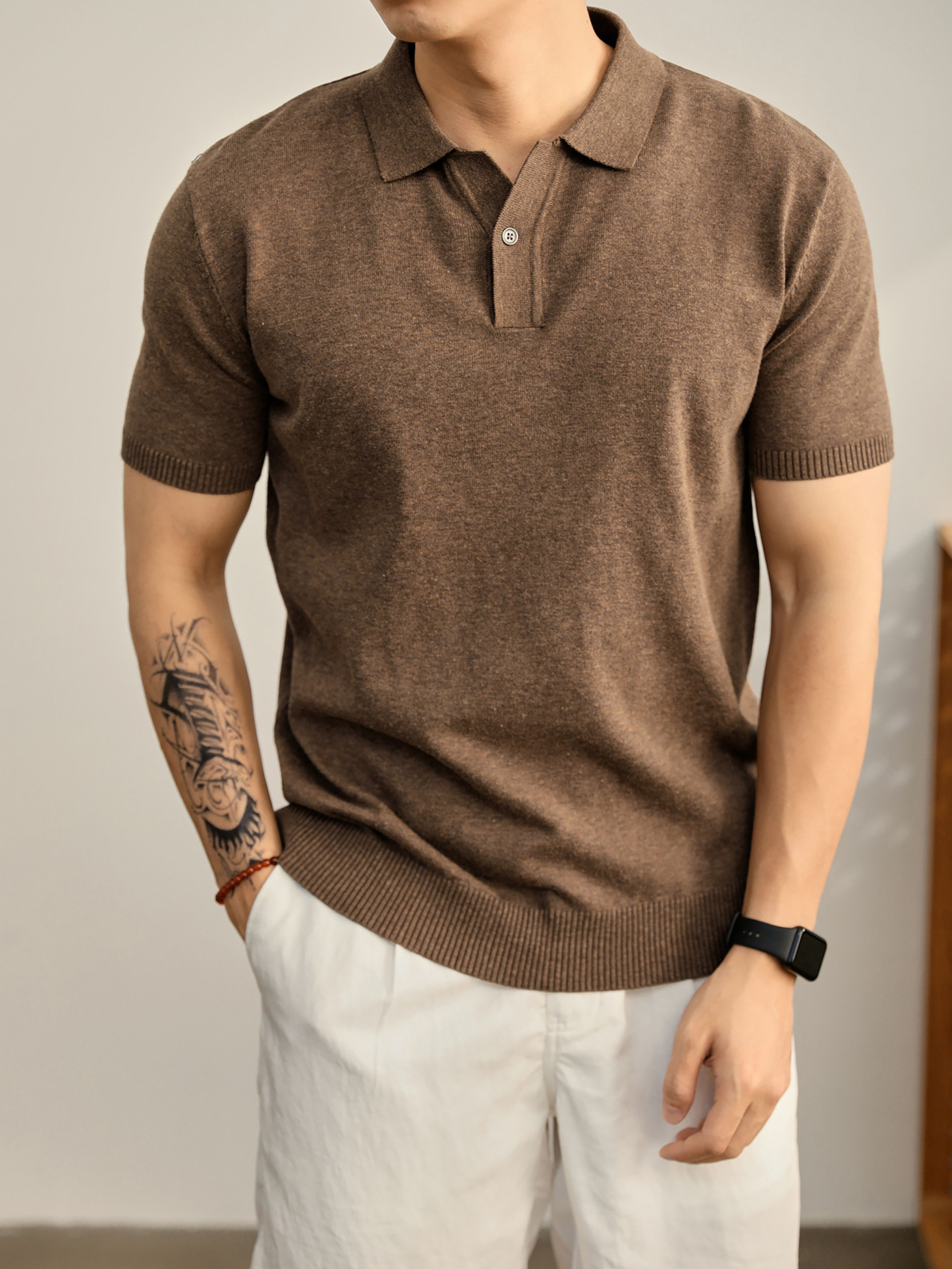 男夏季花天藍單紐扣設計翻領POLO衫輕奢休閒水洗棉針織短袖