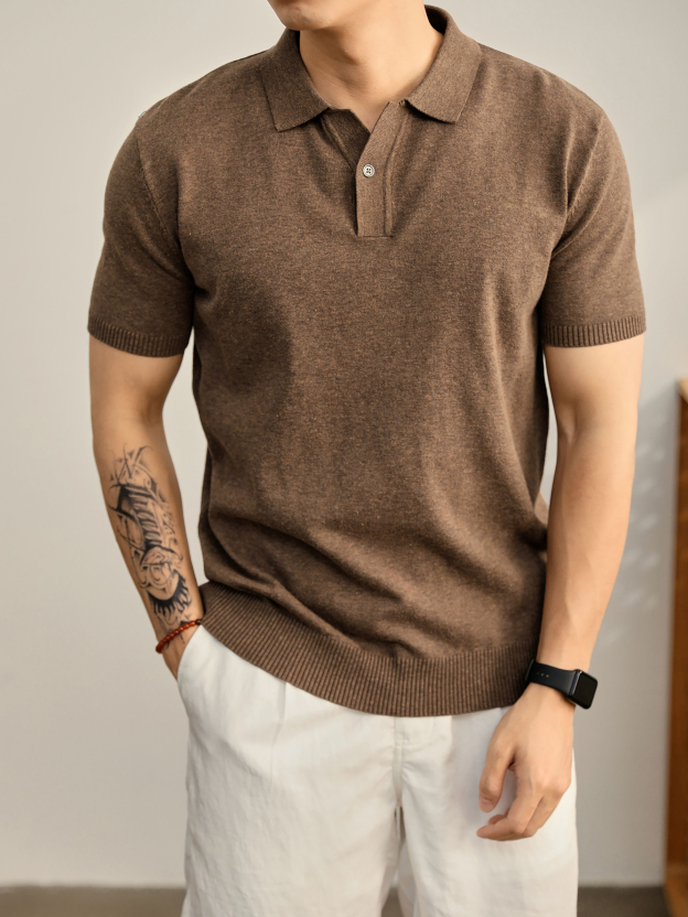 男夏季花天藍單紐扣設計翻領POLO衫輕奢休閒水洗棉針織短袖