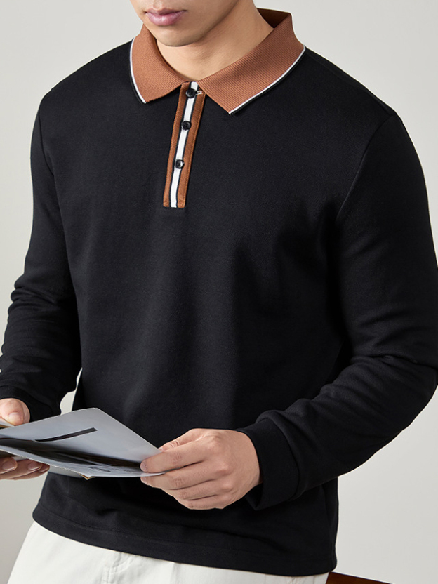 【隱奢格調】雙面珠地棉撞色紐扣長袖POLO衫男士高端商務親肌透氣