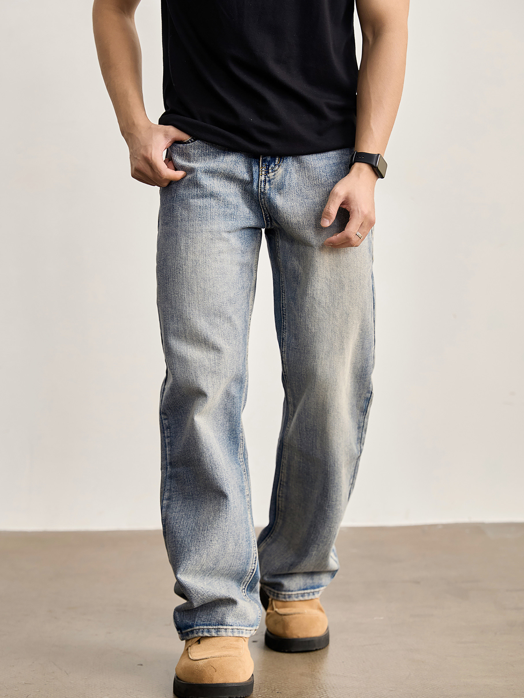 竹節藍貓須復古直筒牛仔褲男美式潮流水洗做舊休閒長褲春夏