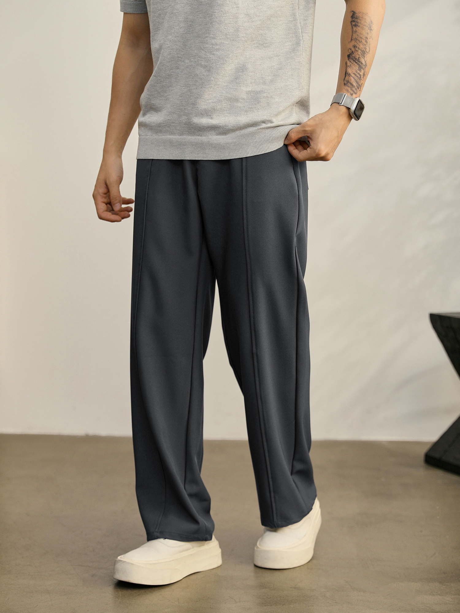 垂墜線條感休閒男士小西褲經典直筒闊腿褲半鬆緊腰免燙長褲