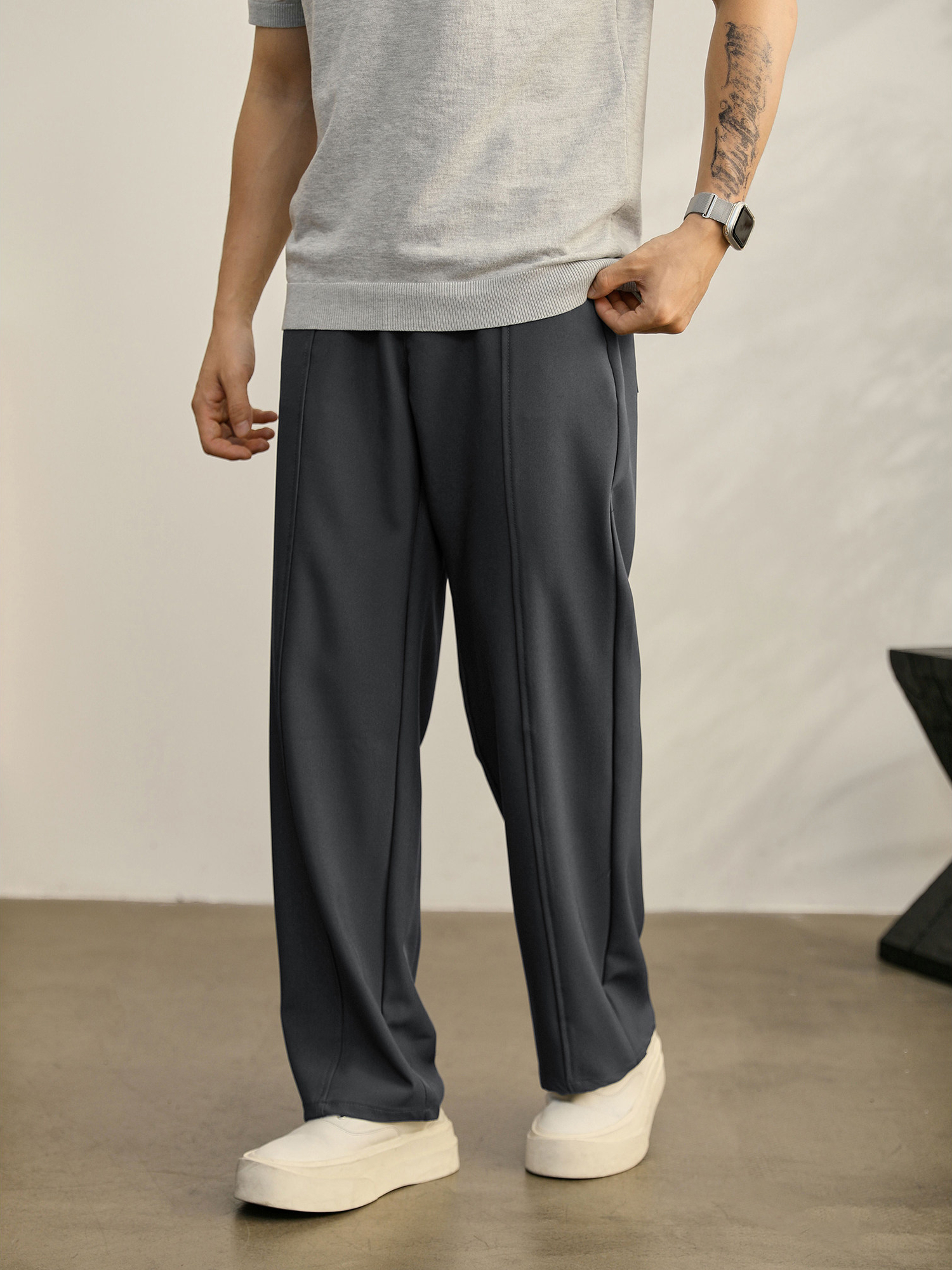 垂墜線條感休閒男士小西褲經典直筒闊腿褲半鬆緊腰免燙長褲