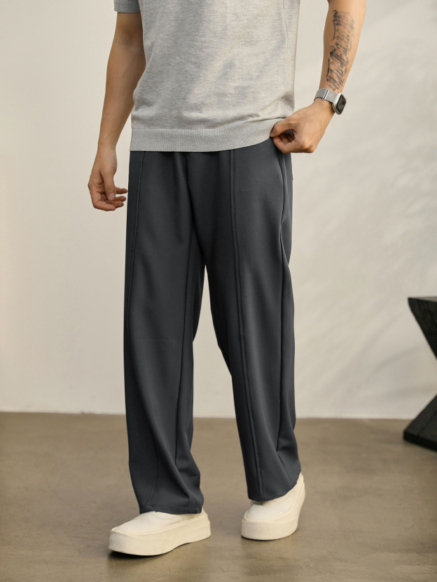 垂墜線條感休閒男士小西褲經典直筒闊腿褲半鬆緊腰免燙長褲