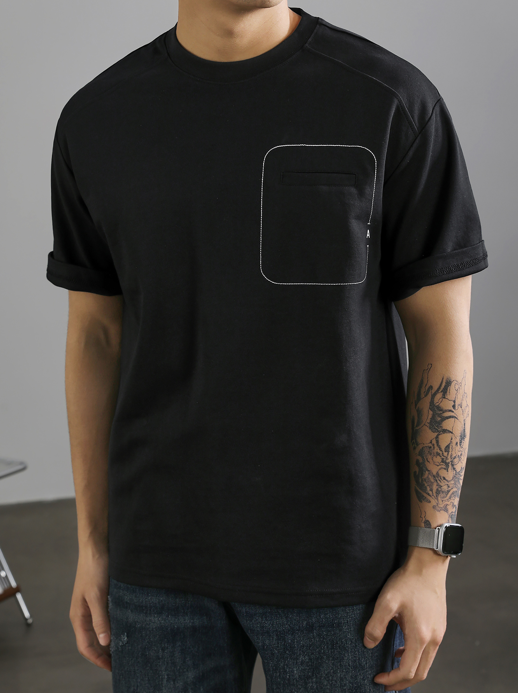 簡約A字刺繡棉質短袖T恤男國潮明線假口袋裝飾百搭圓領體恤