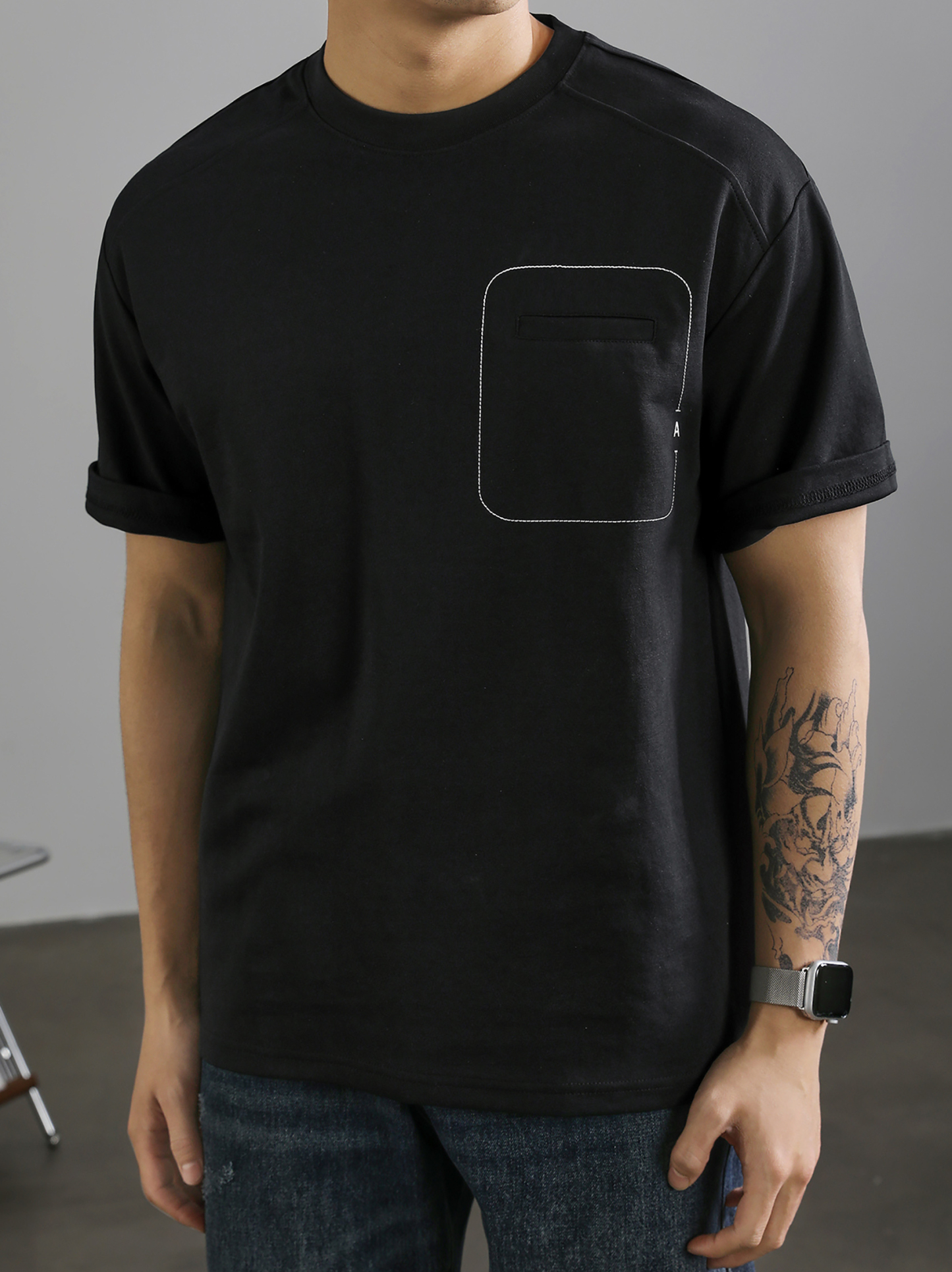 簡約A字刺繡棉質短袖T恤男國潮明線假口袋裝飾百搭圓領體恤