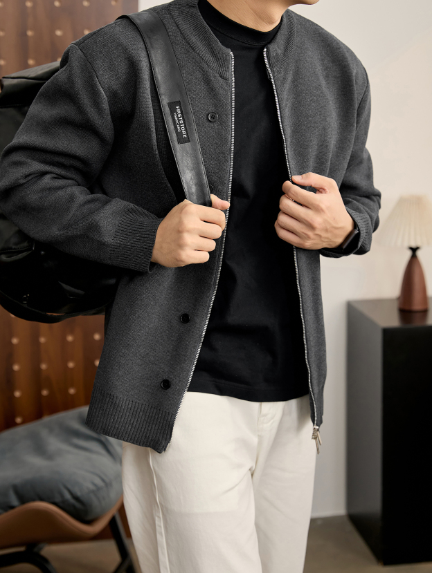 輕熟奢華立領針織外套紐扣裝飾簡約紳士男士雙拉鍊開衫毛衣