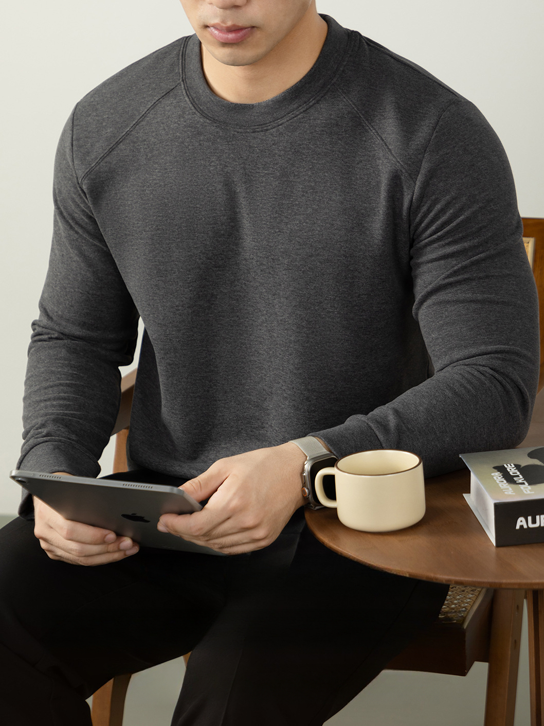 桑蠶絲羊毛混紡雙面絨秋冬內搭長袖T恤圓領輕商務保暖衣