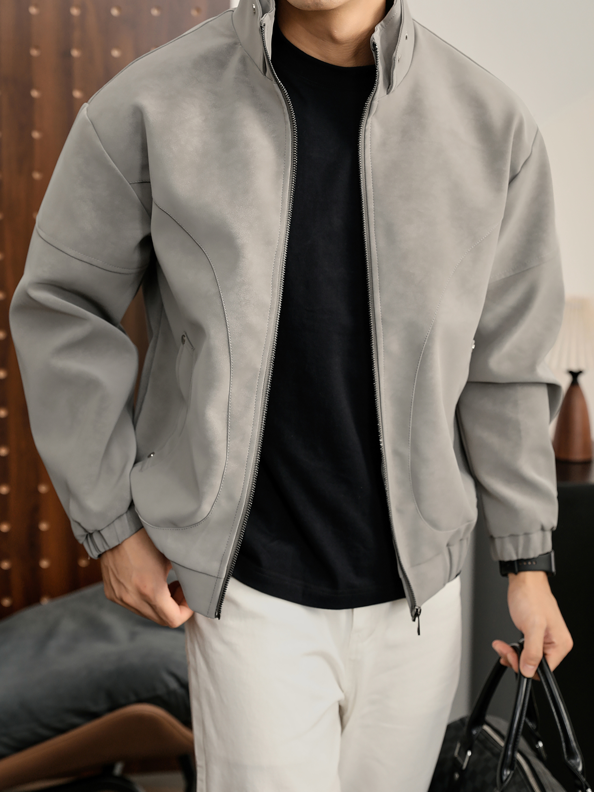 美拉德霧面樹紋紋理感冬季保暖PU皮衣夾克男解構線立領外套