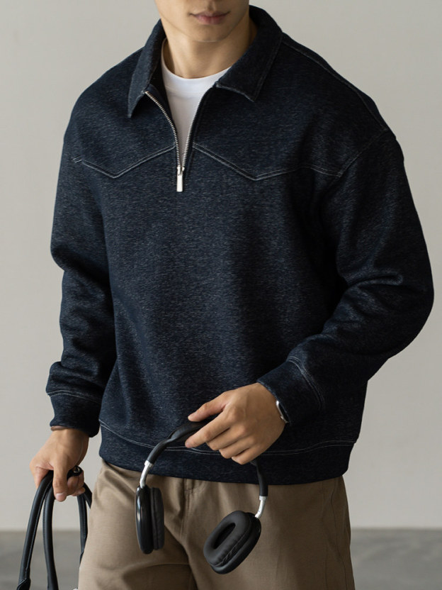 美式棉質雙色紗線撞色翻領衛衣男士仿牛仔保暖休閒新款上衣