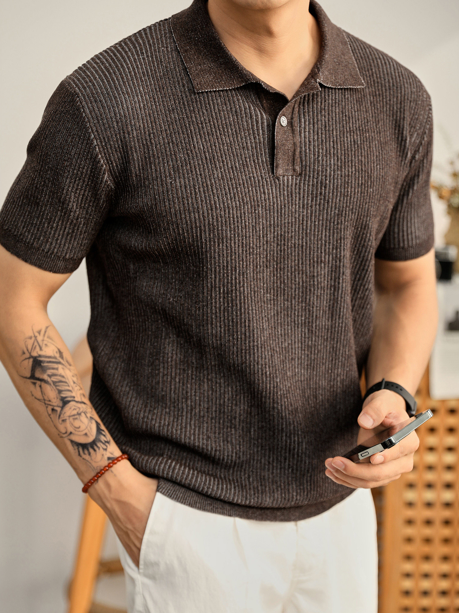 老錢輕熟風夏季涼感坑條肌理感針織POLO衫男士半拉鍊翻領T恤