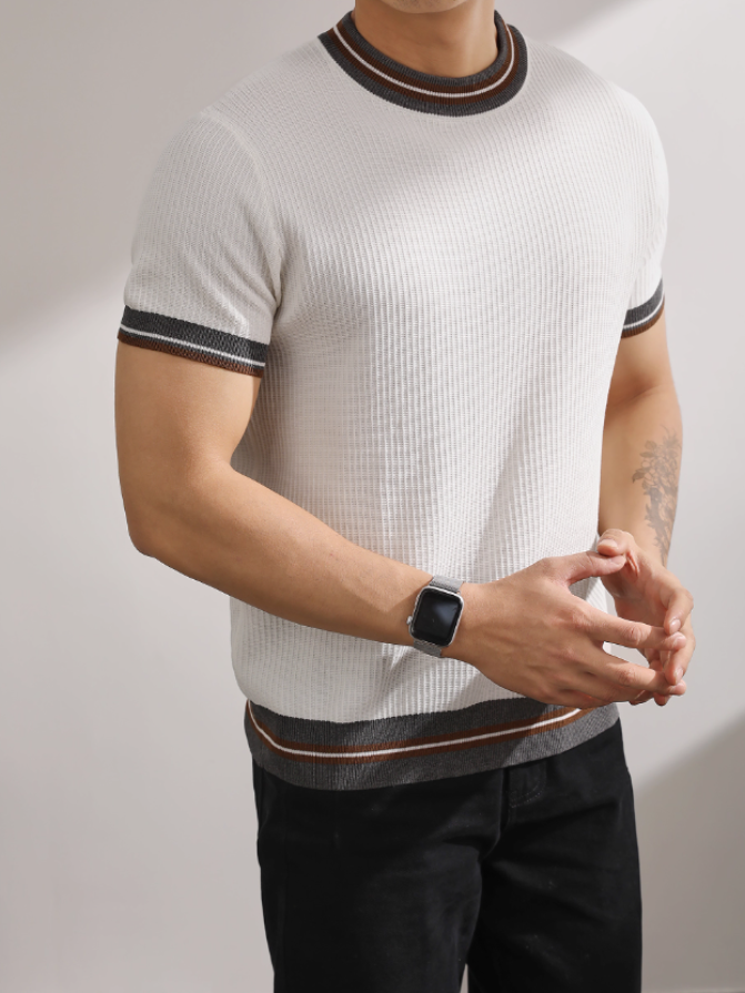 輕熟風氣質韓版短袖針織衫復古撞色條品質冰爽絲潮男T恤上衣