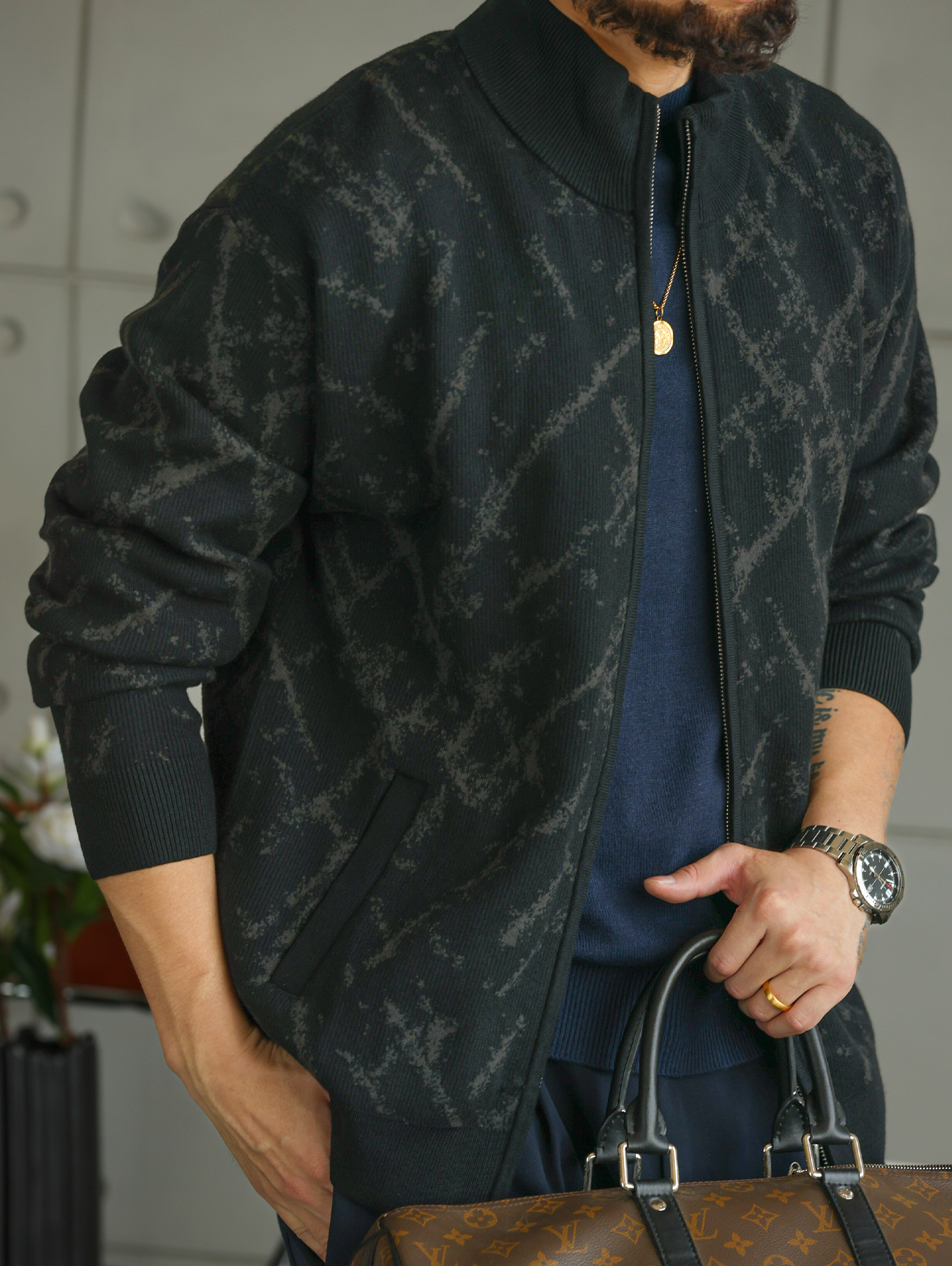 【智感鬆弛】精緻格調花紋針織開衫男士拉鍊外套立領毛衣