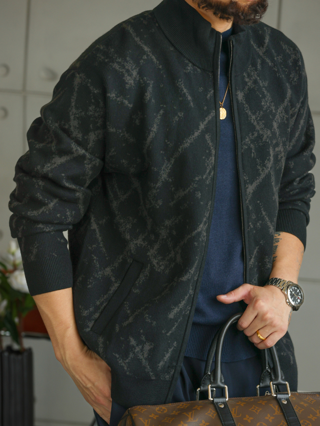 【智感鬆弛】精緻格調花紋針織開衫男士拉鍊外套立領毛衣