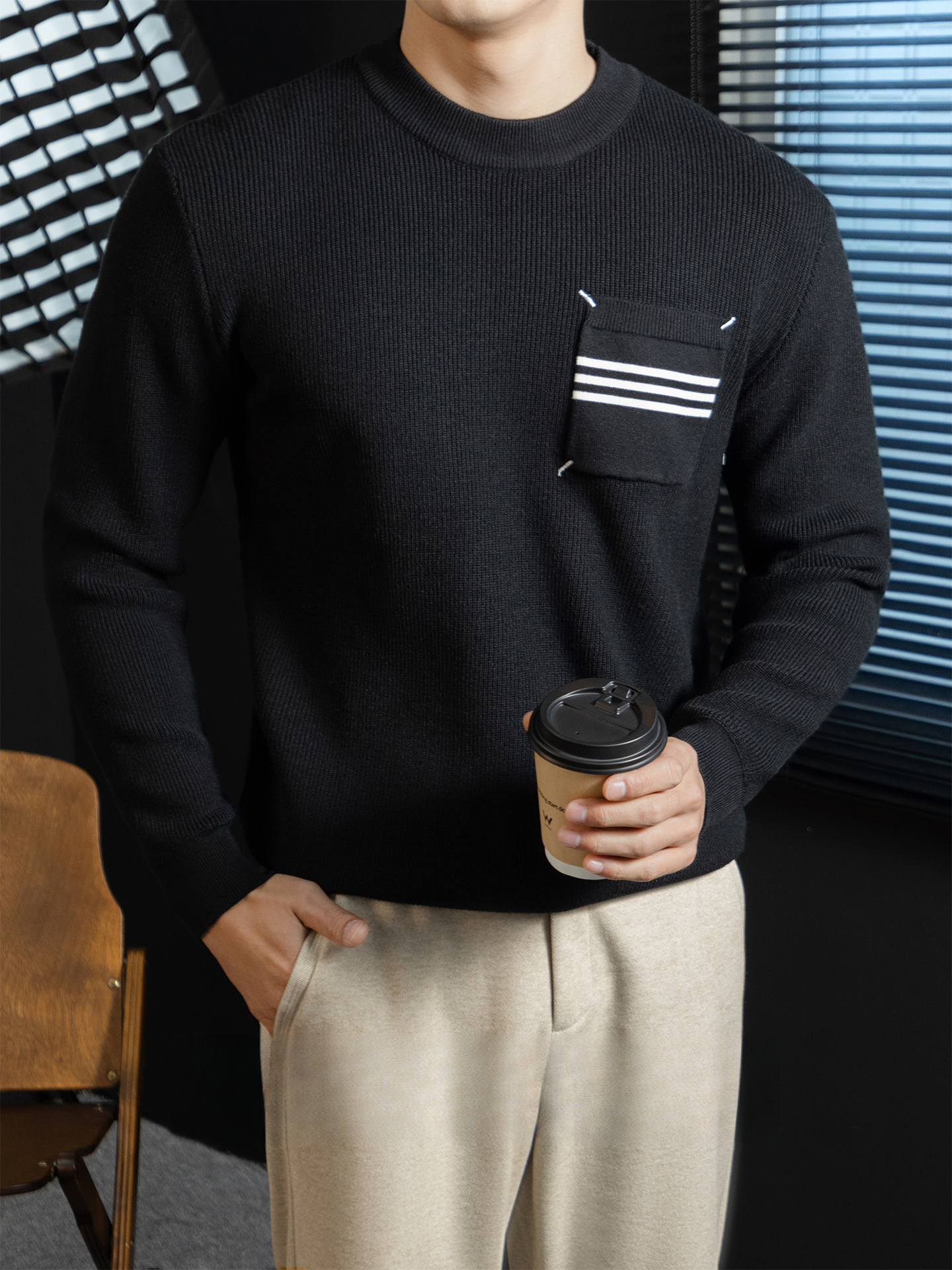 優雅氣質加厚圓領針織衫男士彈力抗起球保暖條紋口袋毛衣2026秋冬