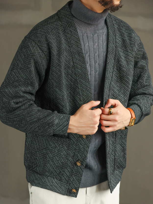 【質感通勤】慵懶鬆弛無領開衫衛衣男秋冬休閒針織衫外套