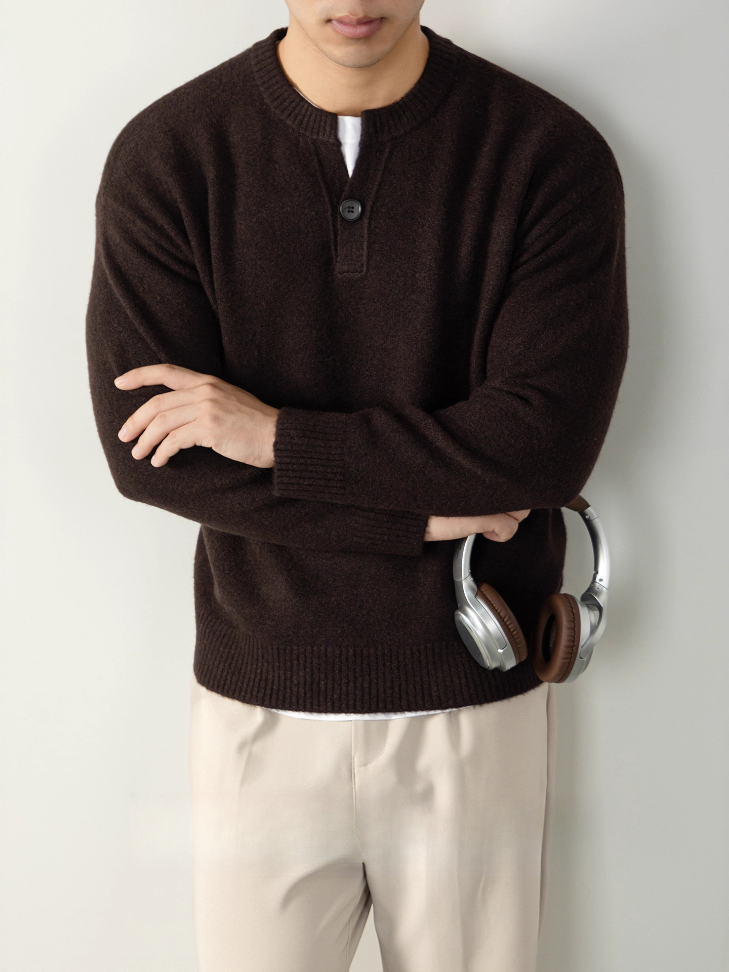 美式單扣亨利領毛衣男士休閒鬆弛感秋冬季保暖針織衫