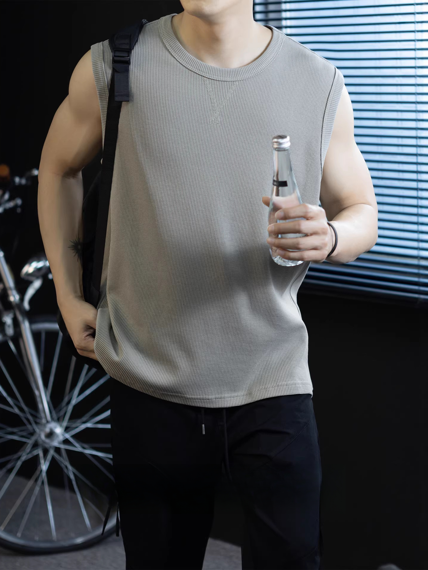 【極簡三角設計】240g華夫格肌理無袖背心男夏季舒適抗菌坎肩t桖