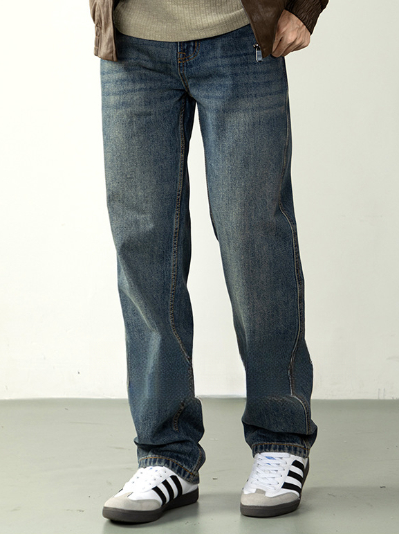 【美式休閒風】復古水洗藍色牛仔褲男士長褲微闊直筒舒適通勤秋冬