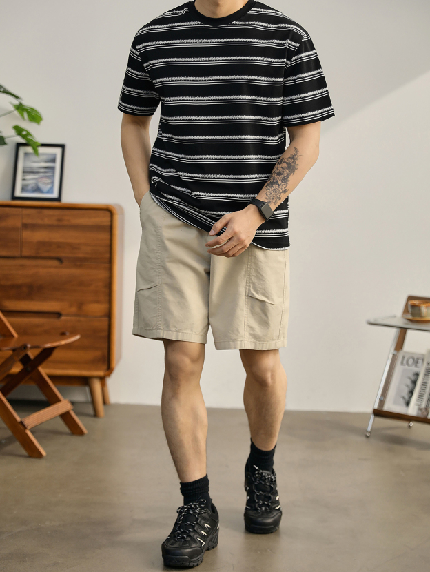 色織提花間色條紋撞色T恤衫復古男士輕奢230g太古棉短袖上衣