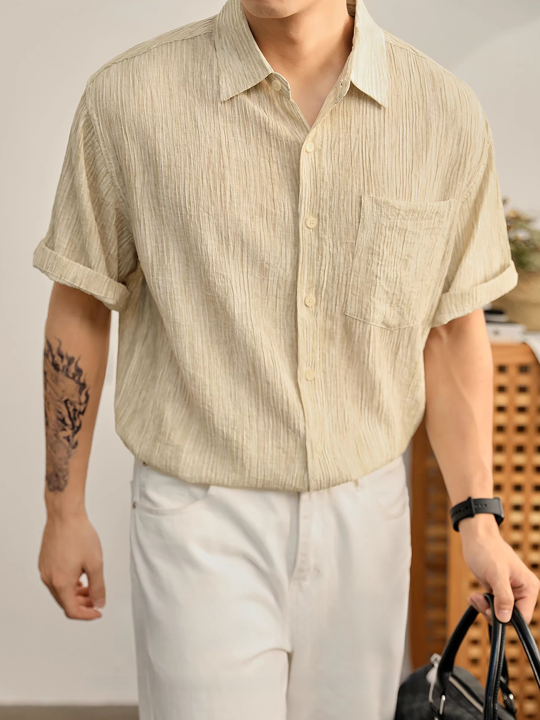 簡約時髦褶皺紗感紋理襯衫鬆弛慵懶風透氣樹紋短袖寸衣男夏