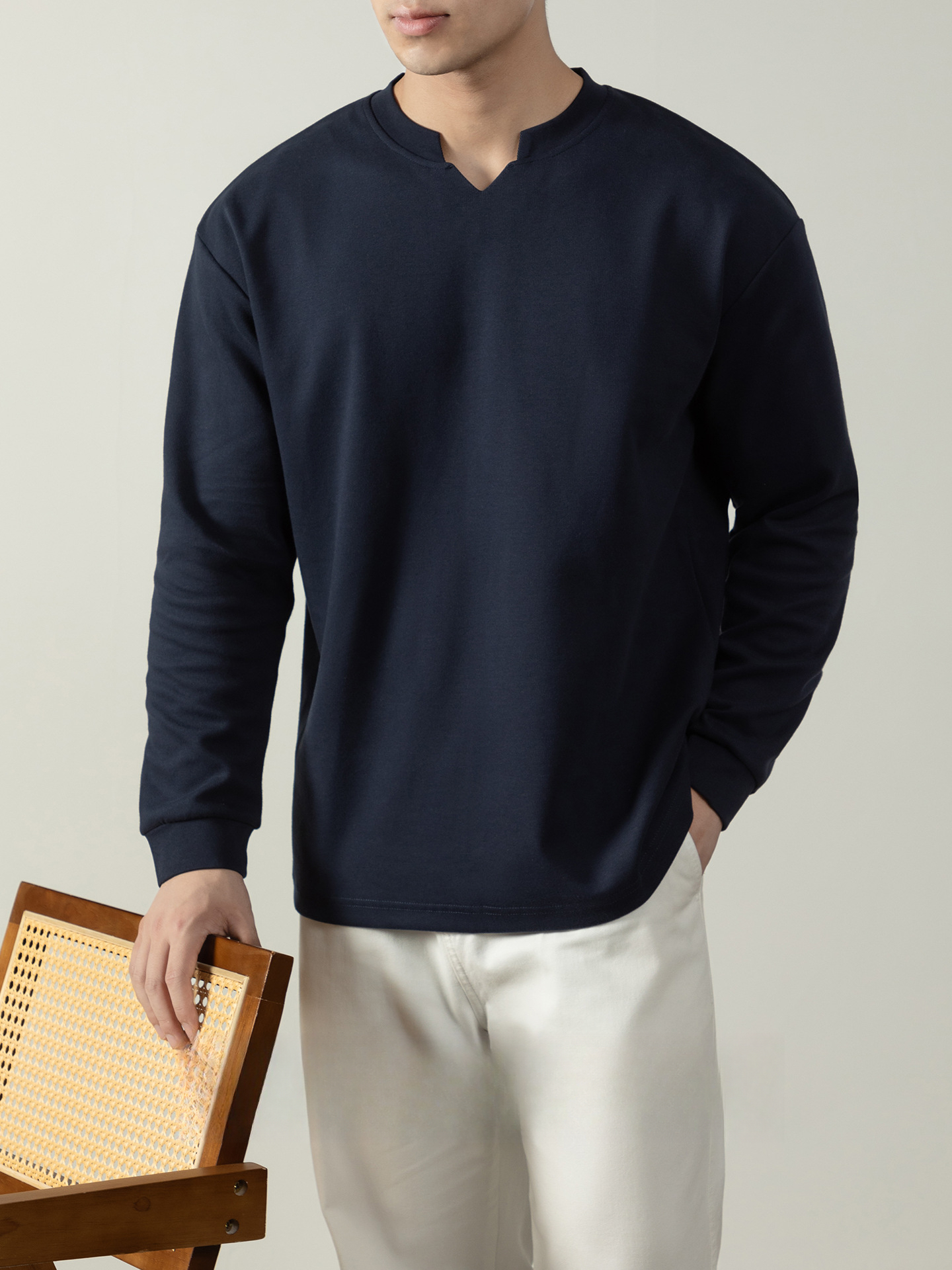 鬆弛感| 高質雙面棉小V亨利領柔軟T恤長袖男士秋冬重磅打底衫