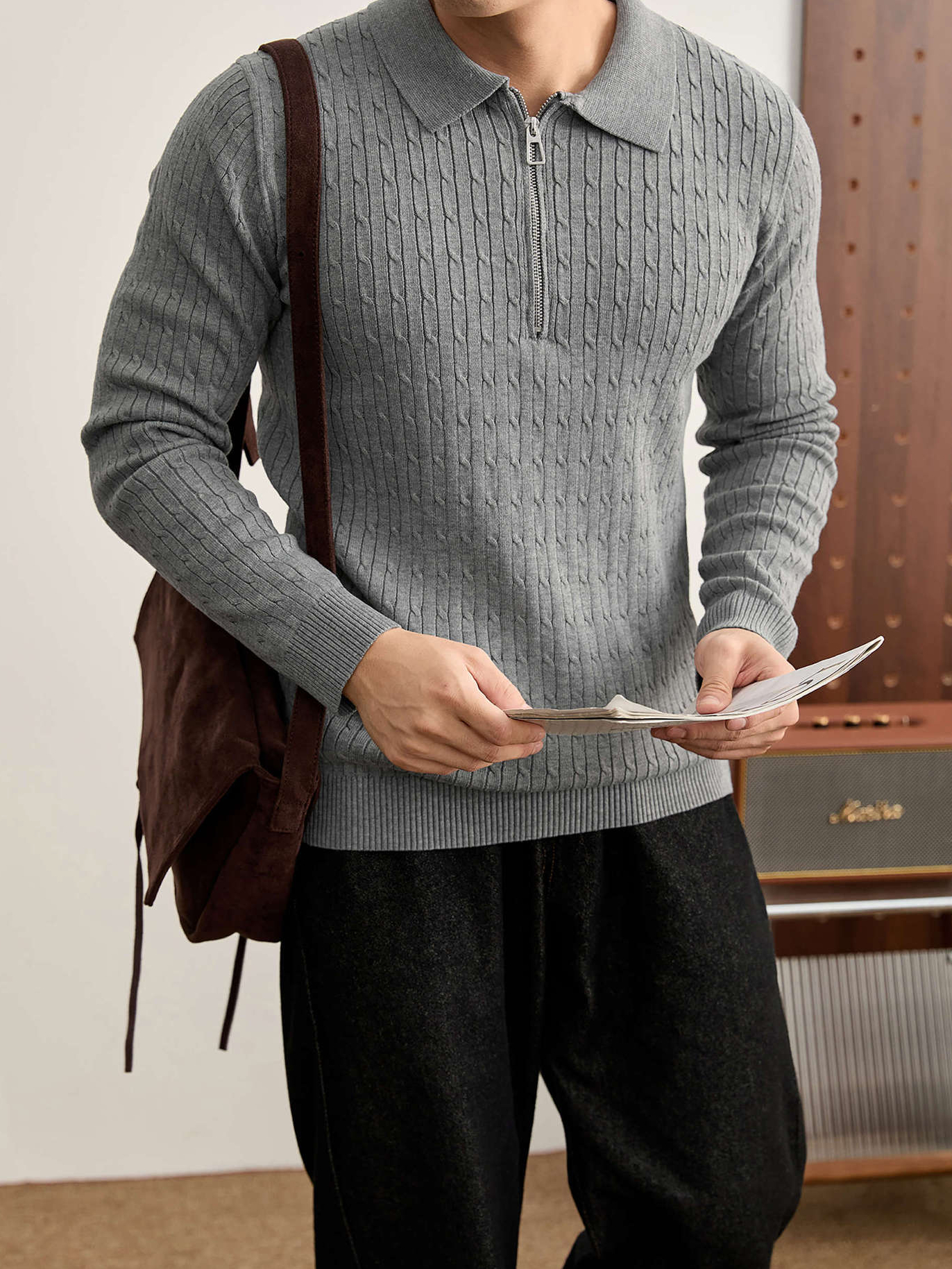 老錢風編織提花紋理長袖毛衣男秋冬修身半拉鍊POLO領針織衫