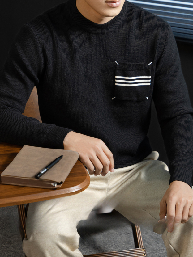 優雅氣質加厚圓領針織衫男士彈力抗起球保暖條紋口袋毛衣2026秋冬